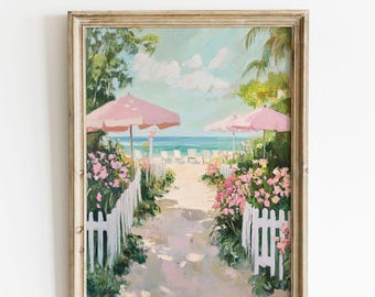 Pink Beach-print: Coquette Cottagecore Coastal Art (digitale download)