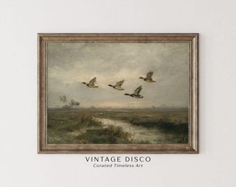 Vintage Duck Hunting Print - Moody Marsh Landscape, Rustic Farmhouse Low Country Printable