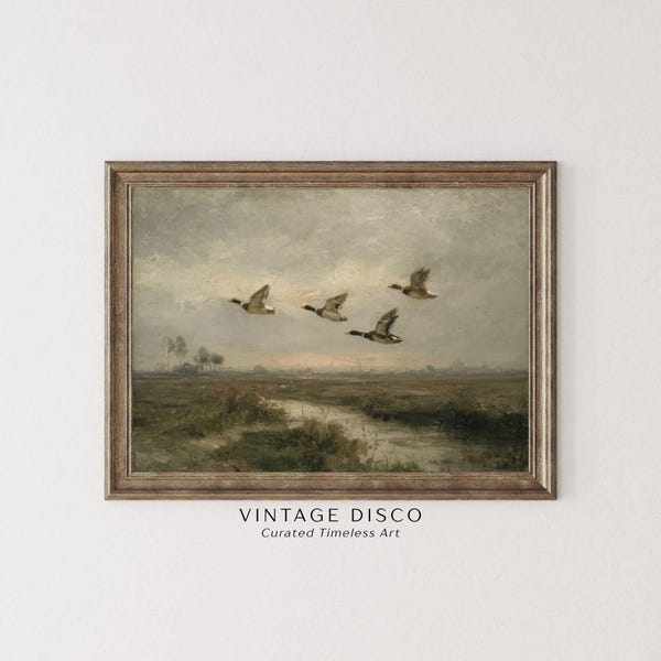 Vintage Duck Hunting Print - Moody Marsh Landscape, Rustic Farmhouse Low Country Printable