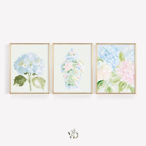 Pastel Pink Blue & Green Watercolor Hydrangeas Set - Preppy Grandmillenial Floral College Dorm Prints