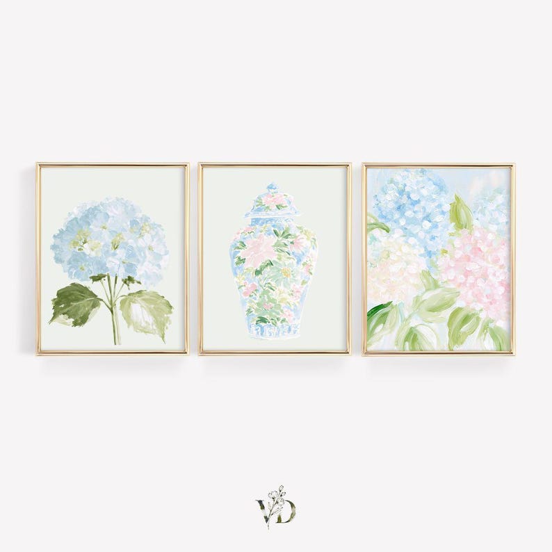 Pastel Pink Blue & Green Watercolor Hydrangeas Set - Preppy Grandmillenial Floral College Dorm Prints