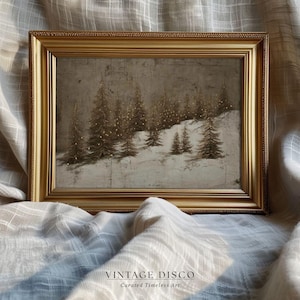 May include: A framed vintage print featuring a winter landscape with snow-covered hills and evergreen trees. The trees are adorned with small, twinkling lights. The frame is gold-colored, and the print has a muted, vintage aesthetic. The text "VINTAGE DISCO" and "Curated Timeless Art" is visible.