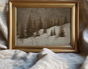 May include: A framed vintage print featuring a winter landscape with snow-covered hills and evergreen trees. The trees are adorned with small, twinkling lights. The frame is gold-colored, and the print has a muted, vintage aesthetic. The text "VINTAGE DISCO" and "Curated Timeless Art" is visible.