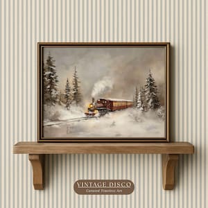 impression d'art train de Noël vintage - décoration de ferme d'hiver enneigée confortable, charmante impression de vacances de mauvaise humeur à imprimer