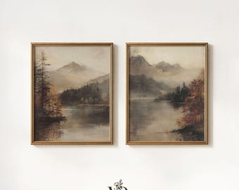 Moody Fall Lake Landscape Set - Rustic Dark Fall Farmhouse Wall Art, Muted Autumn Printable