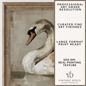 May include: A framed painting of a swan with white and brown brushstrokes, set against a neutral background. The text reads: PROFESSIONAL ART GRADE RESOLUTION, CURATED FINE ART FINISHES, LARGE FORMAT PRINT READY, 300 DPI REAL PAINTING TEXTURE, VINTAGE DISCO.