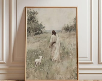 Jesus Leaves The 99 - Christian Good Shepherd Artwork, Lost Sheep Parable, Vintage Bible Painting