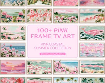 Pink Frame TV Art Bundle - Preppy Coastal & Grandmillenial Beachy Television Display, Girly Apartment Decor