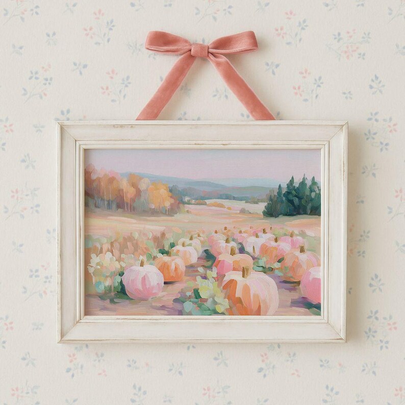 Pink Pumpkin Patch Wall Art - Pastel Fall Landscape Printable, Cottagecore Autumn Decor, Preppy Halloween Art, Cozy Seasonal Farmhouse Print