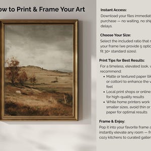 Puede incluir: Una impresi&oacute;n art&iacute;stica enmarcada de un paisaje con un marco dorado. La obra de arte representa un campo con &aacute;rboles y un cielo nublado. El texto en la imagen dice "How to Print & Frame Your Art".