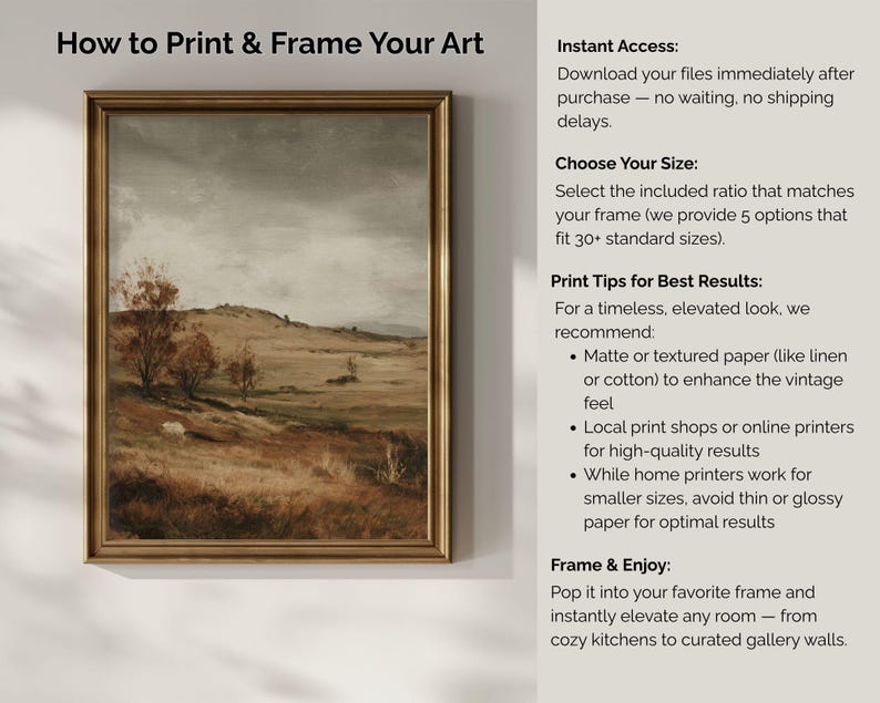 Puede incluir: Una impresi&oacute;n art&iacute;stica enmarcada de un paisaje con un marco dorado. La obra de arte representa un campo con &aacute;rboles y un cielo nublado. El texto en la imagen dice "How to Print & Frame Your Art".