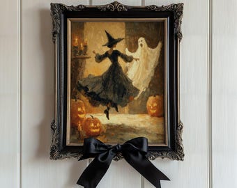 May include: A framed oil painting depicting a witch in a black dress dancing with a white ghost near glowing orange jack-o'-lanterns. The artwork is enclosed in an ornate, dark metallic frame adorned with a large, black satin ribbon bow at the bottom.