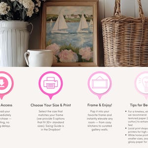May include: A still-life arrangement featuring a framed sailboat painting, a white ceramic pitcher with flowers, a small white mug, and a woven basket. The image also includes text about instant access, sizing, framing, and tips for best results.