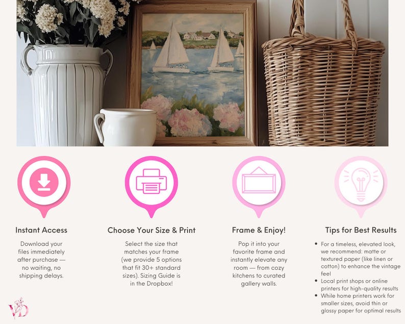 May include: A still-life arrangement featuring a framed sailboat painting, a white ceramic pitcher with flowers, a small white mug, and a woven basket. The image also includes text about instant access, sizing, framing, and tips for best results.