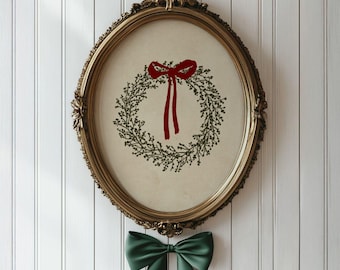 Traditional Holiday Wreath Print - Vintage Coquette Christmas Decor, Minimalist Charming Red Bow Winter Printable