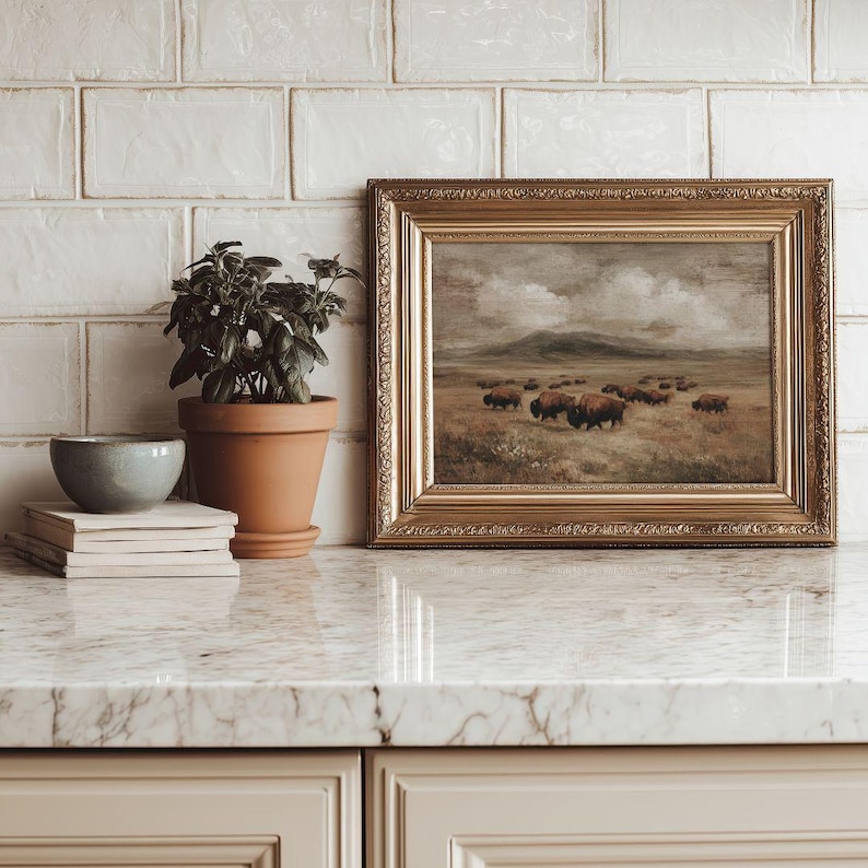 Rustic Bison Farmhouse Print -  Vintage Country Landscape Printable, Warm Cottagecore Pastoral Meadow Painting