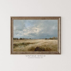 May include: A framed landscape painting depicts a field of tall, dry grass under a cloudy sky. The artwork has a vintage aesthetic, with muted tones of brown, beige, and blue. The frame is a light brown color. The text "VINTAGE DISCO" and "Curated Timeless Art" is at the bottom.