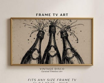 Quadro de desenho de TV com garrafa de champanhe para o Ano Novo - Decoração de arte para festa de inverno com tema de televisão