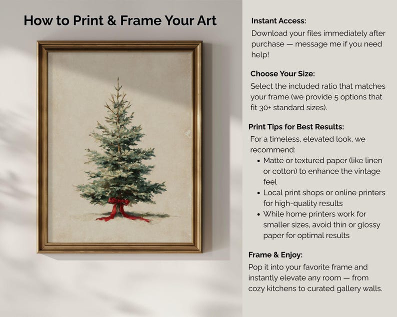 Op de afbeelding: Een ingelijste print van een aquarel kerstboom met een rode strik. Het kunstwerk zit in een goudkleurige lijst. Tekst aan de rechterkant van de afbeelding luidt "How to Print & Frame Your Art".