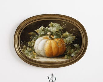 Vintage Pumpkin Still Life Print: Rustic Autumn Harvest Painting, Cottagecore Thanksgiving Kitchen Printable