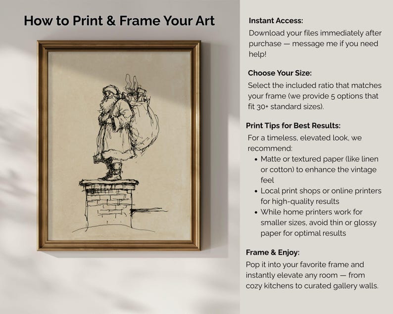 May include: A framed print featuring a black and white sketch of Santa Claus standing on a chimney, carrying a sack. The artwork is set against a beige background, with text on the right side. The frame is a warm gold color.