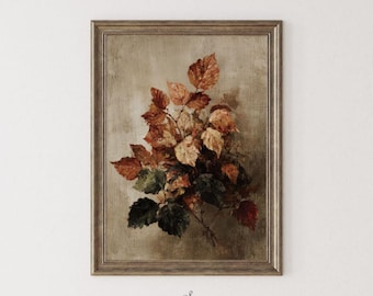 Moody Fall Leaves Print - Printable Rustic Autumn Botanical Art, Neutral Vintage French Country Decor