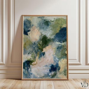 May include: An abstract painting in a light wood frame featuring thick, textured brushstrokes in shades of deep navy blue, forest green, sage, soft cream, and pale blush pink, creating a layered, blended composition with visible paint texture.