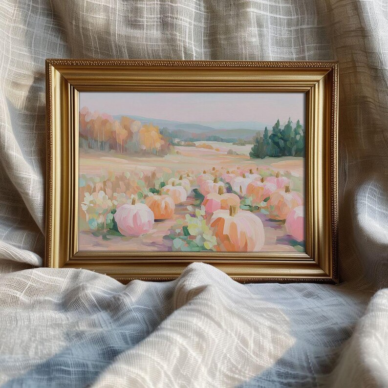 Pink Pumpkin Patch Wall Art - Pastel Fall Landscape Printable, Cottagecore Autumn Decor, Preppy Halloween Art, Cozy Seasonal Farmhouse Print