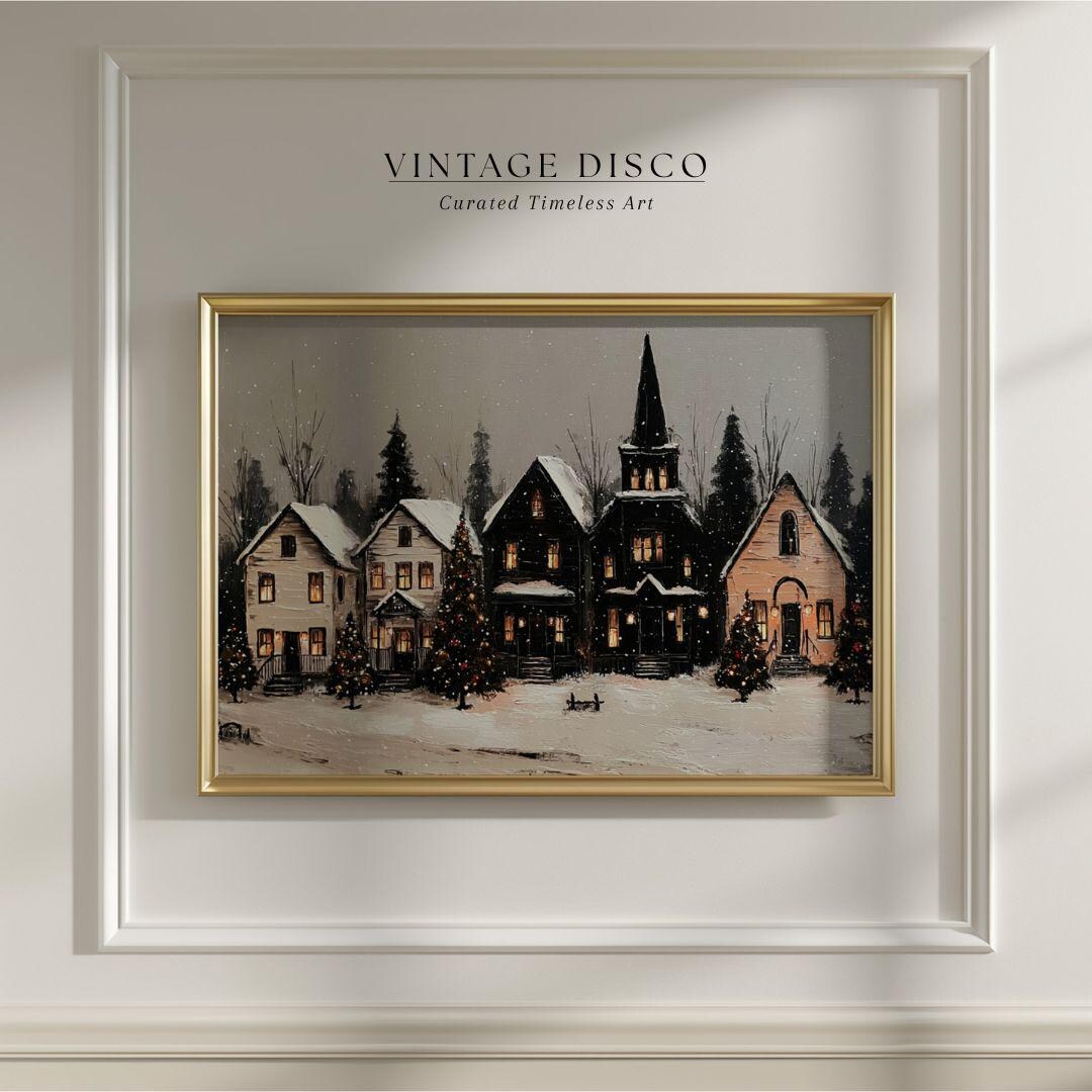 Snowy Holiday Village Print - Nostalgic Christmas Town Wall Art, Pink ...