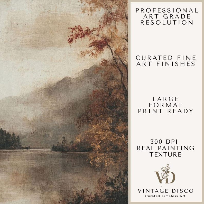 May include: A landscape painting print featuring a lake, mountains, and trees in autumn colors of brown, gold, and rust. The text reads: PROFESSIONAL ART GRADE RESOLUTION, CURATED FINE ART FINISHES, LARGE FORMAT PRINT READY, 300 DPI REAL PAINTING TEXTURE, VINTAGE DISCO.