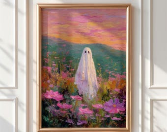 Pink Halloween Wildflower Ghost Print - Whimsical Girly Spooky Season Printable Wall Art