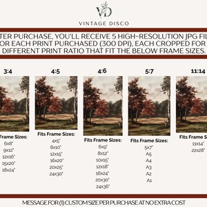 May include: A digital art print guide by Vintage Disco displaying five landscape aspect ratios: 3:4, 4:5, 4:6, 5:7, and 11:14. Each ratio shows a forest scene with autumn trees and lists compatible frame sizes in inches, such as 6x8, 8x10, 12x18, 5x7, and 11x14.