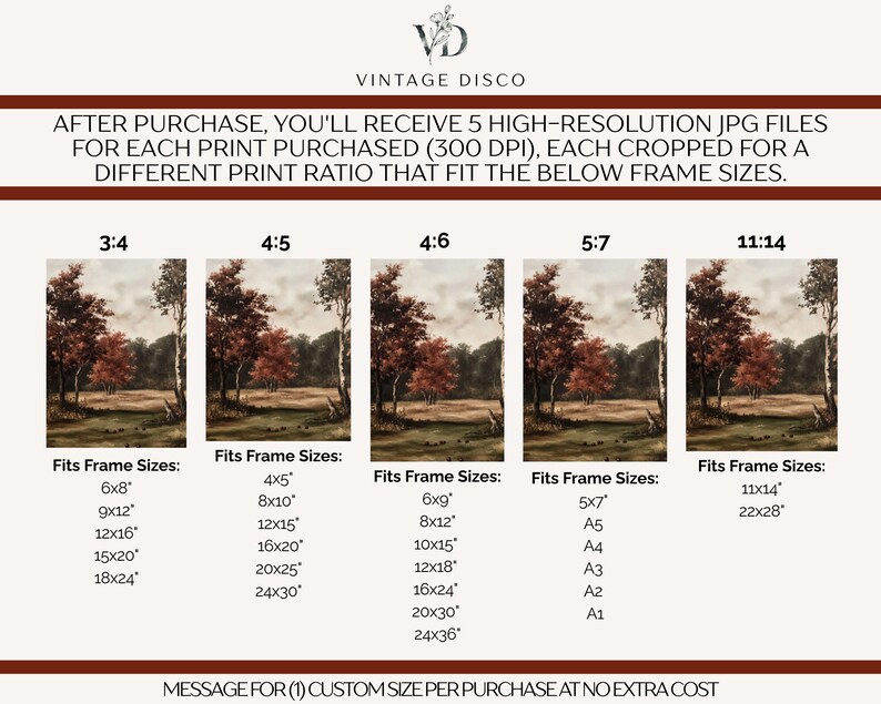 May include: A digital art print guide by Vintage Disco displaying five landscape aspect ratios: 3:4, 4:5, 4:6, 5:7, and 11:14. Each ratio shows a forest scene with autumn trees and lists compatible frame sizes in inches, such as 6x8, 8x10, 12x18, 5x7, and 11x14.
