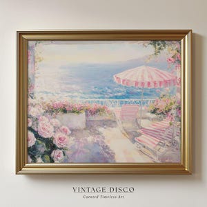 Shabby Chic Pink Coastal Wall Print, Coquette Beach Art, Preppy Summer Beachy Print, Pastel Wildflower Print, Trendy Amalfi Coast Watercolor