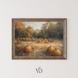 Lámina vintage de huerto de calabazas - Decoración rústica de granja para otoño, arte de pared imprimible de estilo cottagecore en tonos suaves.