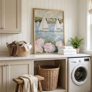 Coastal Hydrangeas & Sailboats Print: Preppy Pink Grandmillenial Summer Wall Art, Coquette Beachy Apartment Decor