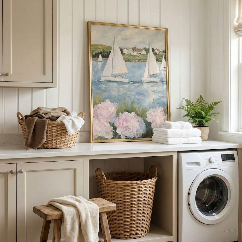 Coastal Hydrangeas & Sailboats Print: Preppy Pink Grandmillenial Summer Wall Art, Coquette Beachy Apartment Decor