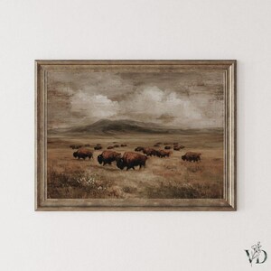Rustic Bison Farmhouse Print -  Moody Farming Landscape Printable, Warm Pastoral Hunting Ranch Lodge Decor