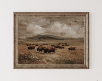 Rustic Bison Farmhouse Print -  Moody Farming Landscape Printable, Warm Pastoral Hunting Ranch Lodge Decor