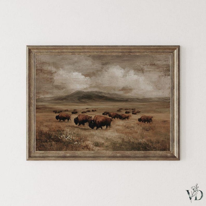 Rustic Bison Farmhouse Print -  Moody Farming Landscape Printable, Warm Pastoral Hunting Ranch Lodge Decor