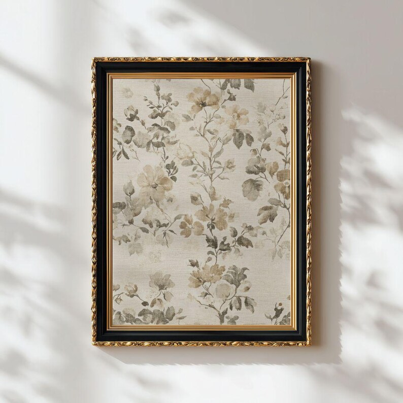 French Country Floral Textile Print - Vintage Botanical Wall Art, Neutral Spring Farmhouse Decor
