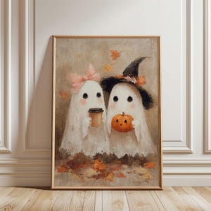 Cottagecore Ghost Couple Coffee Print - Whimsical Spooky Halloween Decor,  Kids Ghosts Fall Printable Art
