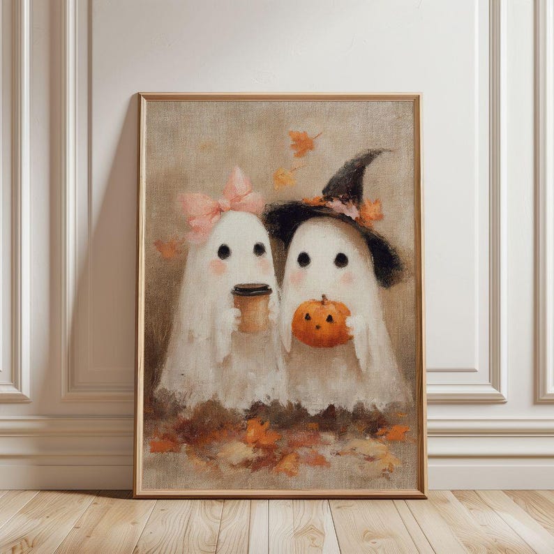 Cottagecore Ghost Couple Coffee Print - Whimsical Spooky Halloween Decor,  Kids Ghosts Fall Printable Art
