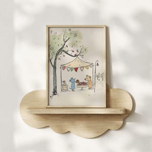 Woodland Nursery Print - Bear & Mouse Pastry Sketch, Cottage Animals Baby Room Decor