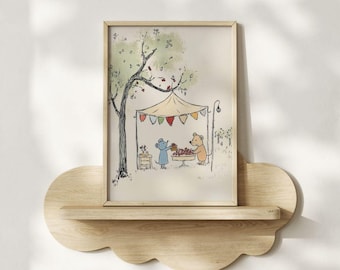 Woodland Nursery Print - Bear & Mouse Pastry Sketch, Cottage Animals Baby Room Decor