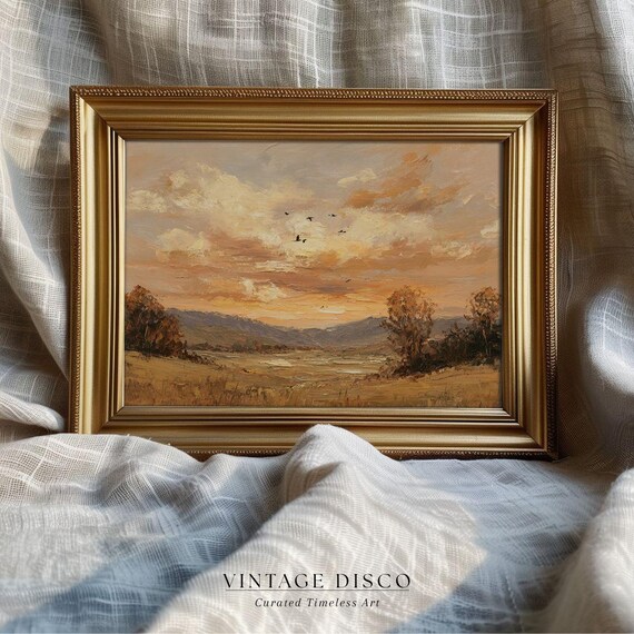 Autumn Sunset Pastoral Landscape Wall Art - Vintage Rustic Fall Printable, Cozy Country Farmhouse Decor