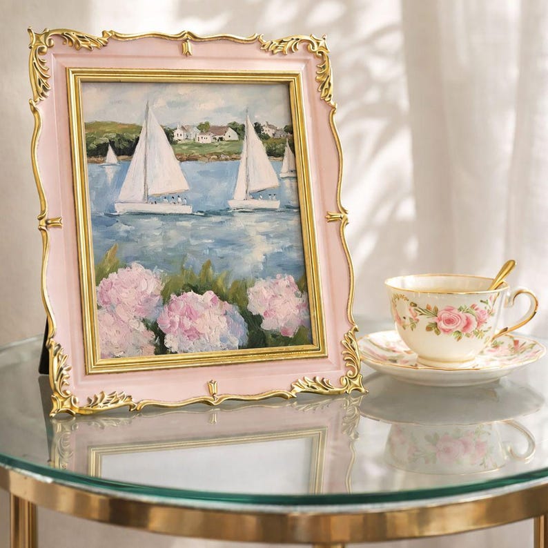Coastal Hydrangeas & Sailboats Print: Preppy Pink Grandmillenial Summer Wall Art, Coquette Beachy Apartment Decor