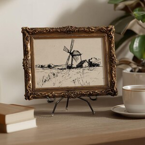 Vintage Windmill Fall Sketch Print - Western Wall Art, Rustic Farmhouse Line Drawing, Neutral Countryside Autumn Decor, Digital Download