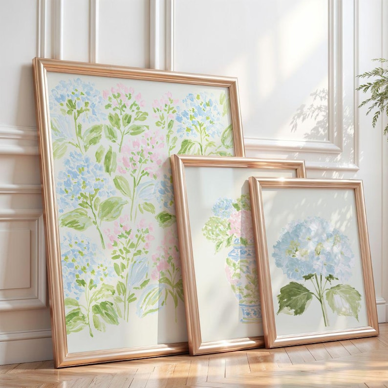 Pastel Pink Blue & Green Watercolor Hydrangeas Set - Preppy Grandmillenial Floral College Dorm Prints