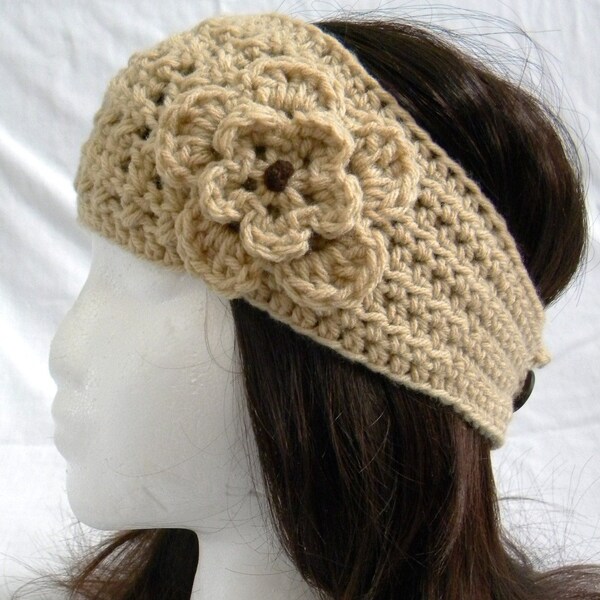 Crocheted Flower Headwrap in Sand